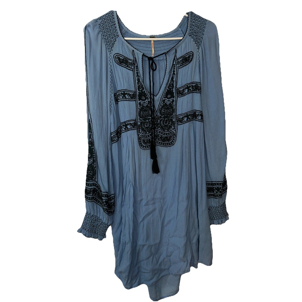 Free People Wind Willow Boho Blue Embroidered Mini Sundress Dress Size XS